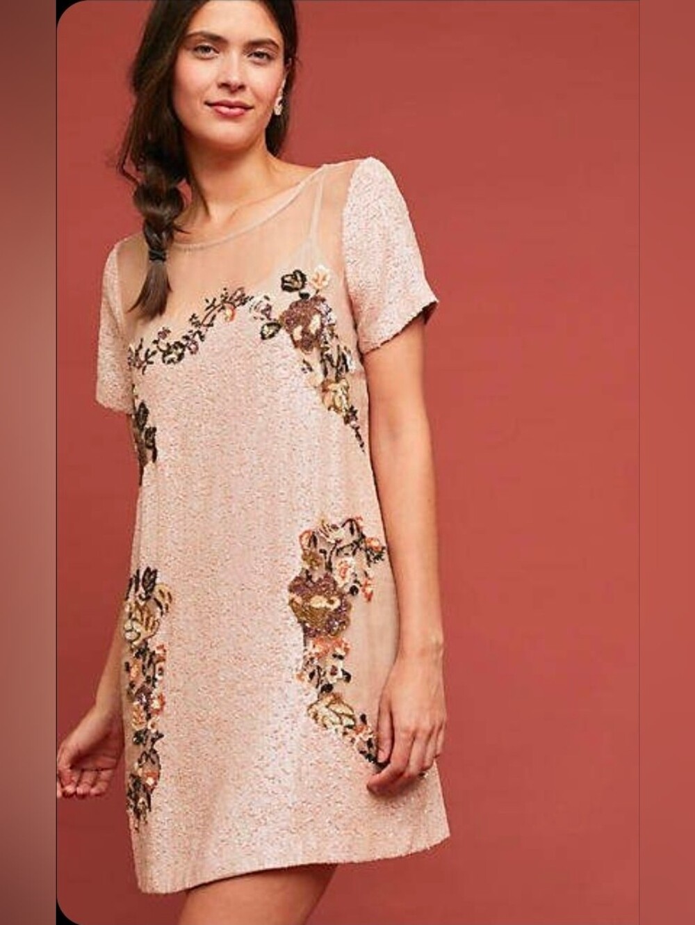 Anthropologie Let Me Be Mini Dress Sequin Floral Pink
